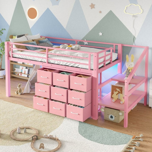 English Elm Twin Low Loft Bed with Stair Storage Fabric Drawers Shelves and Built in Frame Lights W5305S00172