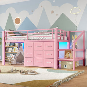 English Elm Twin Low Loft Bed with Stair Storage Fabric Drawers Shelves and Built in Frame Lights W5305S00172