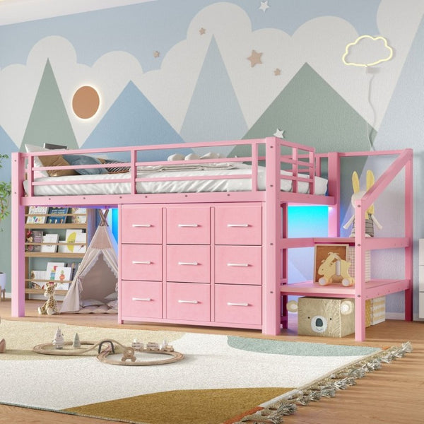 English Elm Twin Low Loft Bed with Stair Storage Fabric Drawers Shelves and Built in Frame Lights W5305S00172