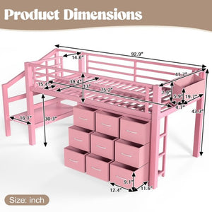 English Elm Twin Low Loft Bed with Stair Storage Fabric Drawers Shelves and Built in Frame Lights W5305S00172