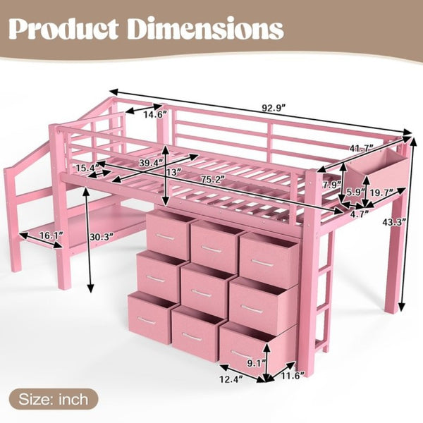 English Elm Twin Low Loft Bed with Stair Storage Fabric Drawers Shelves and Built in Frame Lights W5305S00172