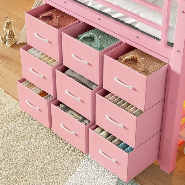 English Elm Twin Low Loft Bed with Stair Storage Fabric Drawers Shelves and Built in Frame Lights W5305S00172