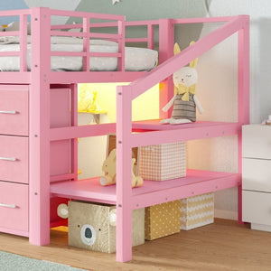 English Elm Twin Low Loft Bed with Stair Storage Fabric Drawers Shelves and Built in Frame Lights W5305S00172