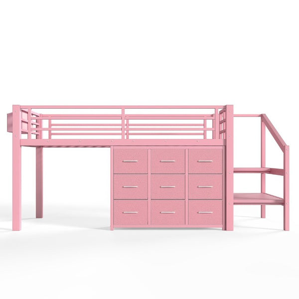 English Elm Twin Low Loft Bed with Stair Storage Fabric Drawers Shelves and Built in Frame Lights W5305S00172