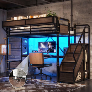 English Elm Twin Xl Industrial Loft Bed with Desk Power Outlet Led Wardrobe and Stair Storage Black W5305S00177