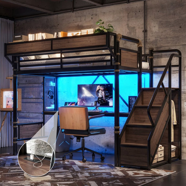 English Elm Twin Xl Industrial Loft Bed with Desk Power Outlet Led Wardrobe and Stair Storage Black W5305S00177