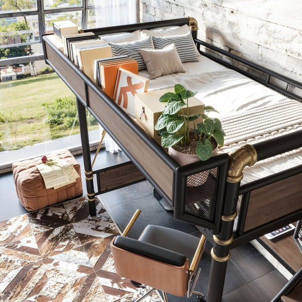 English Elm Twin Xl Industrial Loft Bed with Desk Power Outlet Led Wardrobe and Stair Storage Black W5305S00177