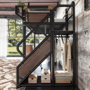 English Elm Twin Xl Industrial Loft Bed with Desk Power Outlet Led Wardrobe and Stair Storage Black W5305S00177