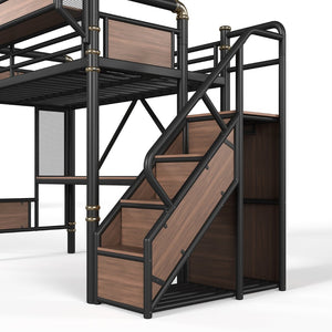 English Elm Twin Xl Industrial Loft Bed with Desk Power Outlet Led Wardrobe and Stair Storage Black W5305S00177