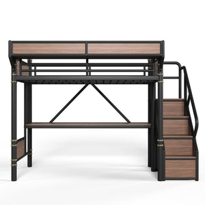 English Elm Twin Xl Industrial Loft Bed with Desk Power Outlet Led Wardrobe and Stair Storage Black W5305S00177