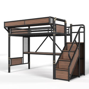 English Elm Twin Xl Industrial Loft Bed with Desk Power Outlet Led Wardrobe and Stair Storage Black W5305S00177