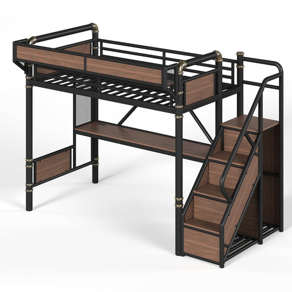 English Elm Twin Xl Industrial Loft Bed with Desk Power Outlet Led Wardrobe and Stair Storage Black W5305S00177
