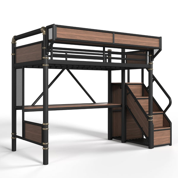English Elm Twin Xl Industrial Loft Bed with Desk Power Outlet Led Wardrobe and Stair Storage Black W5305S00177