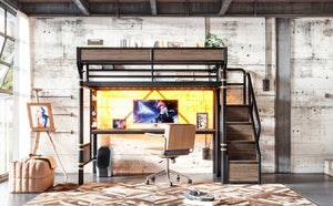 English Elm Twin Xl Industrial Loft Bed with Desk Power Outlet Led Wardrobe and Stair Storage Black W5305S00177