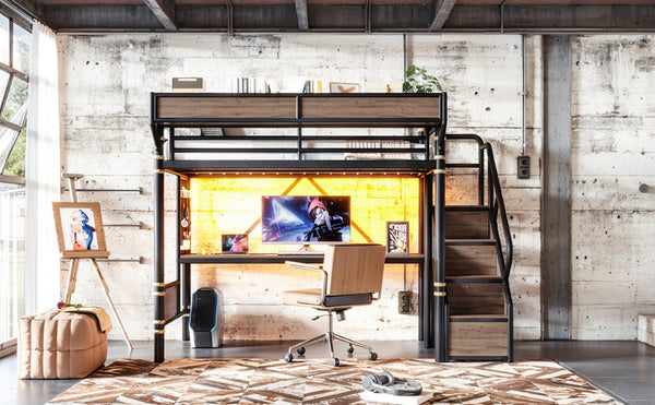 English Elm Twin Xl Industrial Loft Bed with Desk Power Outlet Led Wardrobe and Stair Storage Black W5305S00177