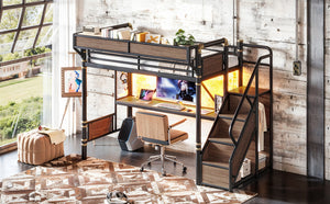 English Elm Twin Xl Industrial Loft Bed with Desk Power Outlet Led Wardrobe and Stair Storage Black W5305S00177