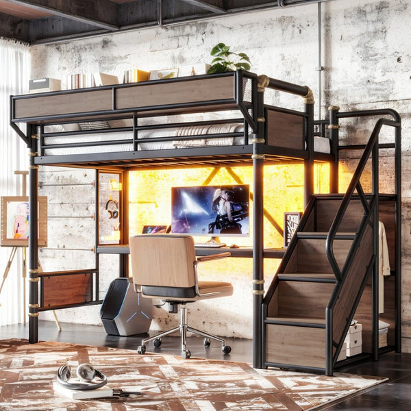 English Elm Twin Xl Industrial Loft Bed with Desk Power Outlet Led Wardrobe and Stair Storage Black W5305S00177