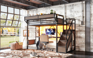 English Elm Twin Xl Industrial Loft Bed with Desk Power Outlet Led Wardrobe and Stair Storage Black W5305S00177