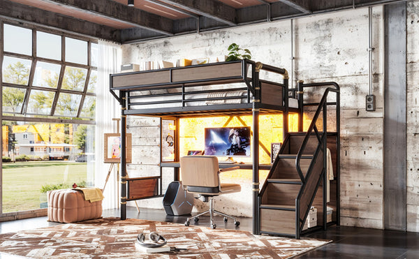 English Elm Twin Xl Industrial Loft Bed with Desk Power Outlet Led Wardrobe and Stair Storage Black W5305S00177