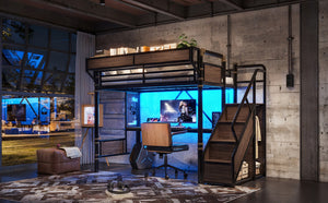 English Elm Twin Xl Industrial Loft Bed with Desk Power Outlet Led Wardrobe and Stair Storage Black W5305S00177