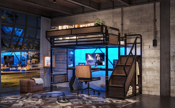 English Elm Twin Xl Industrial Loft Bed with Desk Power Outlet Led Wardrobe and Stair Storage Black W5305S00177