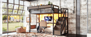 English Elm Twin Xl Industrial Loft Bed with Desk Power Outlet Led Wardrobe and Stair Storage Black W5305S00177