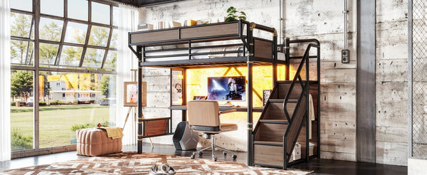 English Elm Twin Xl Industrial Loft Bed with Desk Power Outlet Led Wardrobe and Stair Storage Black W5305S00177