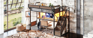 English Elm Twin Xl Industrial Loft Bed with Desk Power Outlet Led Wardrobe and Stair Storage Black W5305S00177