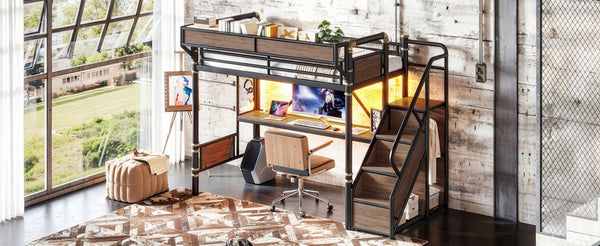 English Elm Twin Xl Industrial Loft Bed with Desk Power Outlet Led Wardrobe and Stair Storage Black W5305S00177