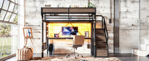 English Elm Twin Xl Industrial Loft Bed with Desk Power Outlet Led Wardrobe and Stair Storage Black W5305S00177