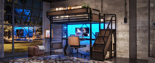 English Elm Twin Xl Industrial Loft Bed with Desk Power Outlet Led Wardrobe and Stair Storage Black W5305S00177