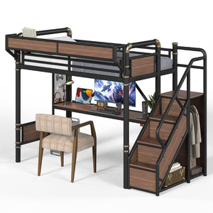 English Elm Twin Xl Industrial Loft Bed with Desk Power Outlet Led Wardrobe and Stair Storage Black W5305S00177