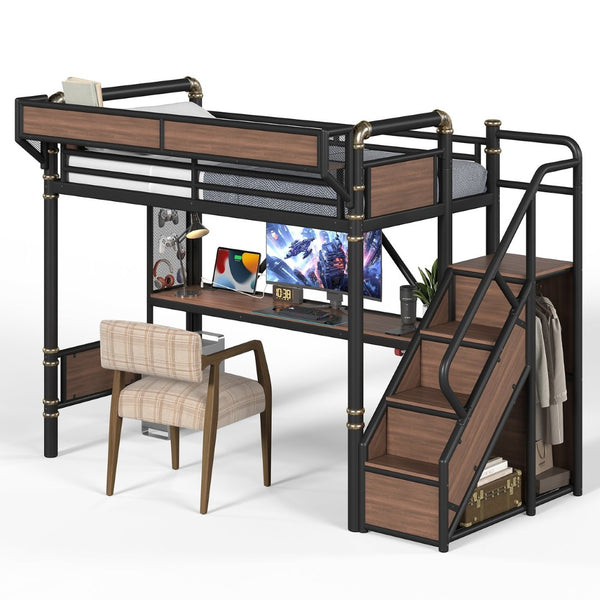 English Elm Twin Xl Industrial Loft Bed with Desk Power Outlet Led Wardrobe and Stair Storage Black W5305S00177