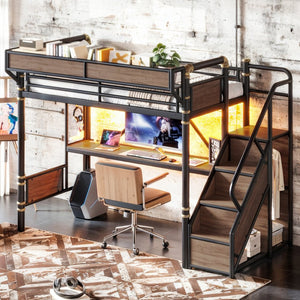 English Elm Twin Xl Industrial Loft Bed with Desk Power Outlet Led Wardrobe and Stair Storage Black W5305S00177