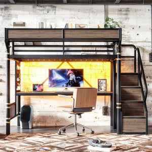 English Elm Twin Xl Industrial Loft Bed with Desk Power Outlet Led Wardrobe and Stair Storage Black W5305S00177