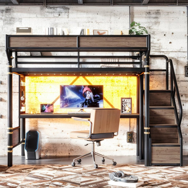 English Elm Twin Xl Industrial Loft Bed with Desk Power Outlet Led Wardrobe and Stair Storage Black W5305S00177
