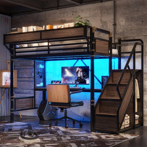 English Elm Twin Xl Industrial Loft Bed with Desk Power Outlet Led Wardrobe and Stair Storage Black W5305S00177