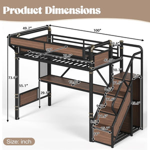 English Elm Twin Xl Industrial Loft Bed with Desk Power Outlet Led Wardrobe and Stair Storage Black W5305S00177