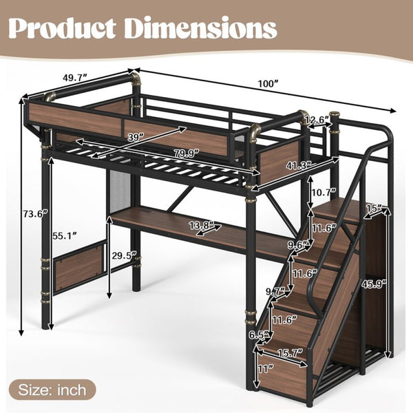 English Elm Twin Xl Industrial Loft Bed with Desk Power Outlet Led Wardrobe and Stair Storage Black W5305S00177