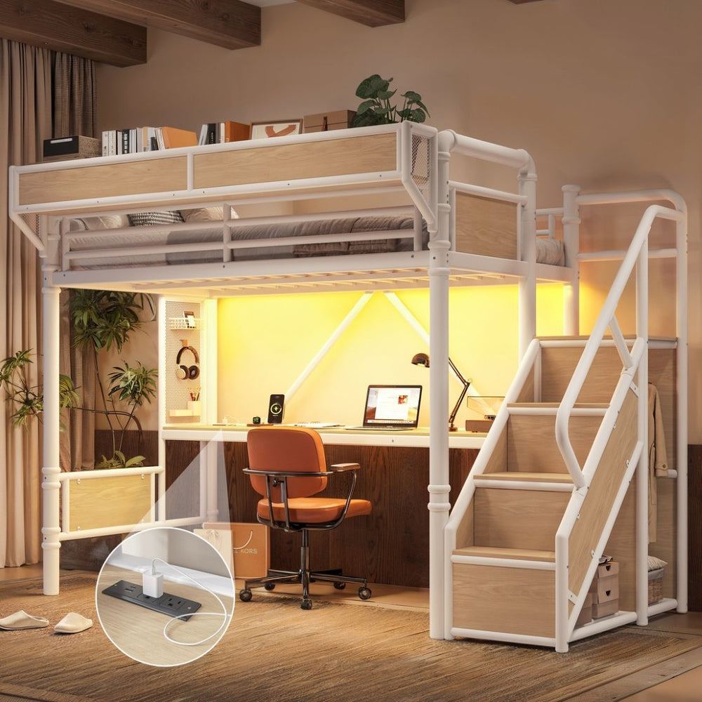 English Elm Twin Xl Industrial Loft Bed with Desk Power Outlet Led Wardrobe and Stair Storage White W5305S00178