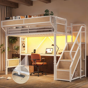 English Elm Twin Xl Industrial Loft Bed with Desk Power Outlet Led Wardrobe and Stair Storage White W5305S00178