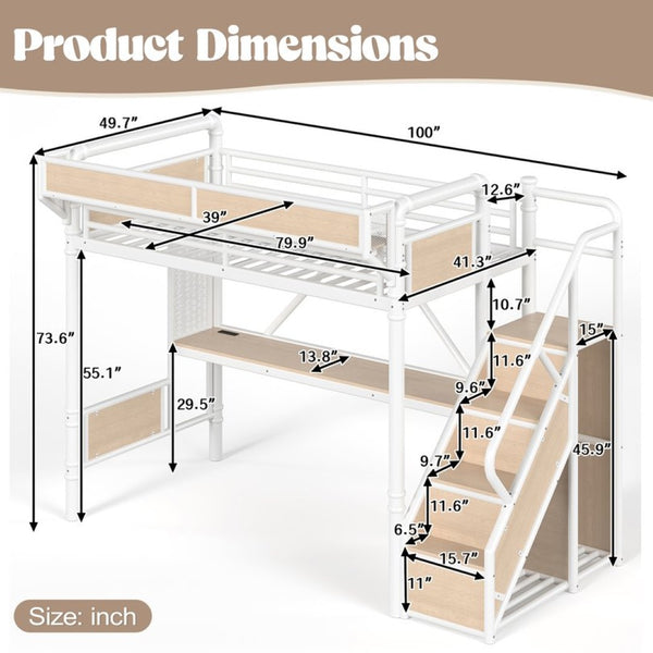 English Elm Twin Xl Industrial Loft Bed with Desk Power Outlet Led Wardrobe and Stair Storage White W5305S00178