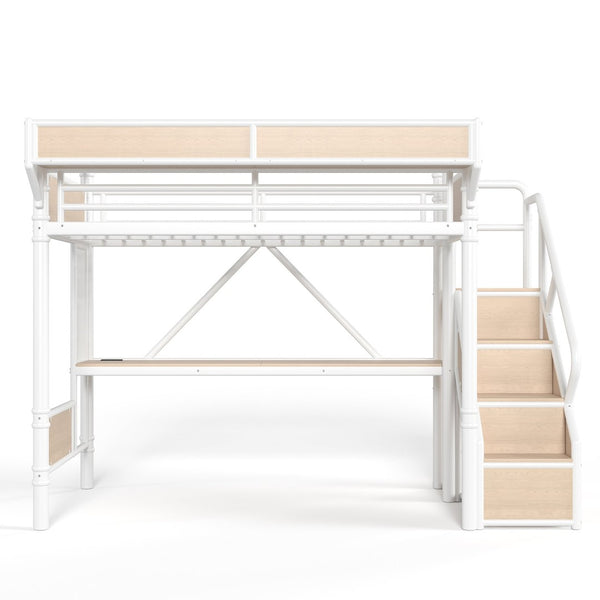 English Elm Twin Xl Industrial Loft Bed with Desk Power Outlet Led Wardrobe and Stair Storage White W5305S00178