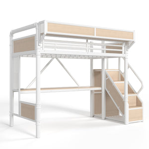 English Elm Twin Xl Industrial Loft Bed with Desk Power Outlet Led Wardrobe and Stair Storage White W5305S00178