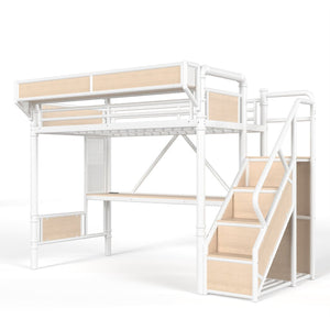 English Elm Twin Xl Industrial Loft Bed with Desk Power Outlet Led Wardrobe and Stair Storage White W5305S00178