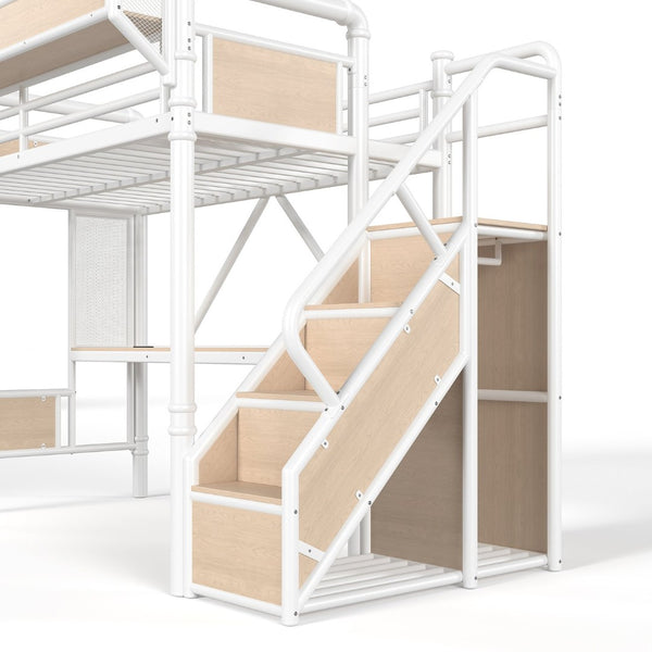 English Elm Twin Xl Industrial Loft Bed with Desk Power Outlet Led Wardrobe and Stair Storage White W5305S00178