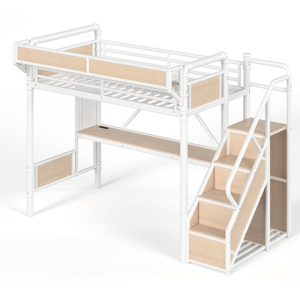 English Elm Twin Xl Industrial Loft Bed with Desk Power Outlet Led Wardrobe and Stair Storage White W5305S00178