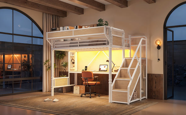 English Elm Twin Xl Industrial Loft Bed with Desk Power Outlet Led Wardrobe and Stair Storage White W5305S00178
