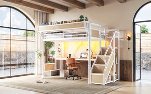 English Elm Twin Xl Industrial Loft Bed with Desk Power Outlet Led Wardrobe and Stair Storage White W5305S00178