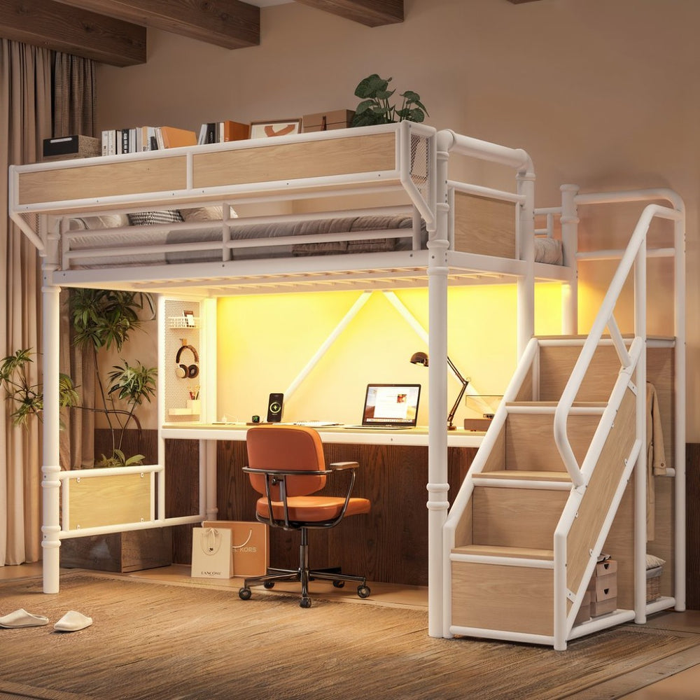 English Elm Twin Xl Industrial Loft Bed with Desk Power Outlet Led Wardrobe and Stair Storage White W5305S00178